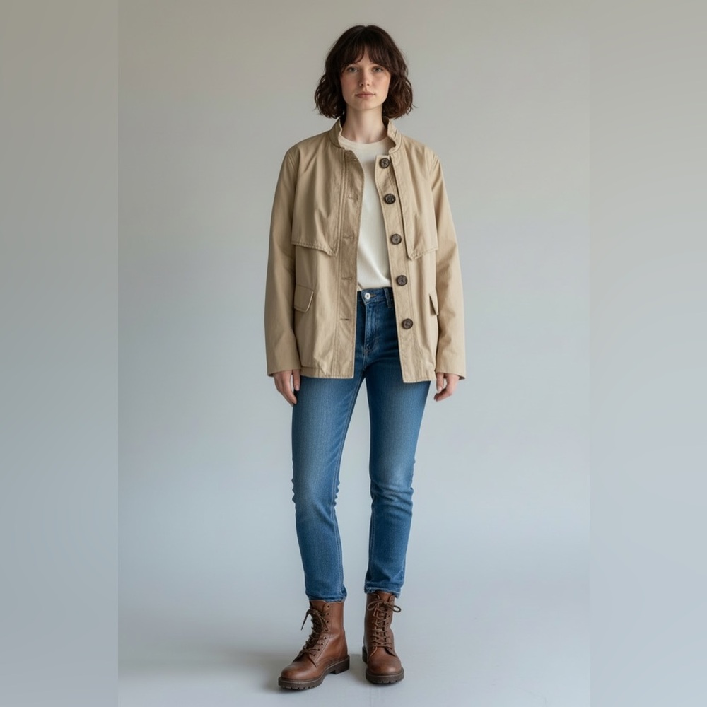 Classic Stretch Liz Claiborne Tan Lined Crop Trench Coat Jacket